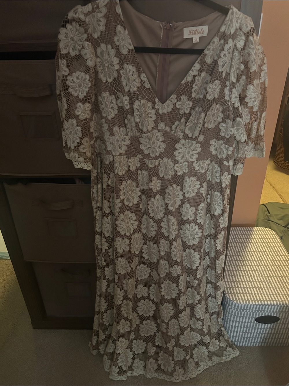 Floral Lace Maxi  Dress in Taupe and Ivory